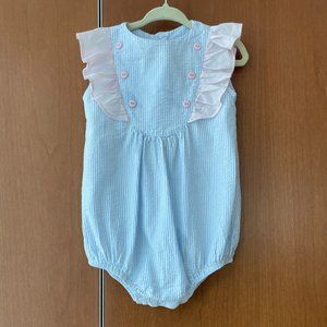 Bella Bliss Pink and Blue Striped Bubble with Ruffle and Button Detail 18M